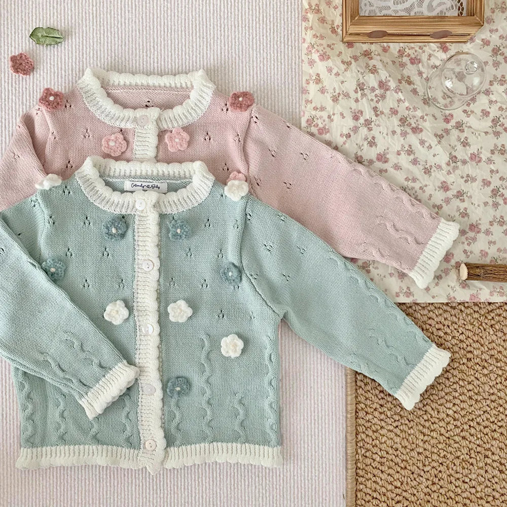 -ベビーキッズカーディガン ニットジャケット フラワー刺繍 ピンク/グリーン/2カラー【mh0004554】 - mamahalo shop - カーディガン・パーカー -  べビー服 - 子供服 - 男の子 - 女の子