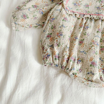 -ベビーロンパース フリル襟 長袖ボディスーツ フラワー花柄プリント【mh0004396】 - mamahalo shop - 長袖ロンパース -  べビー服 - 子供服 - 男の子 - 女の子