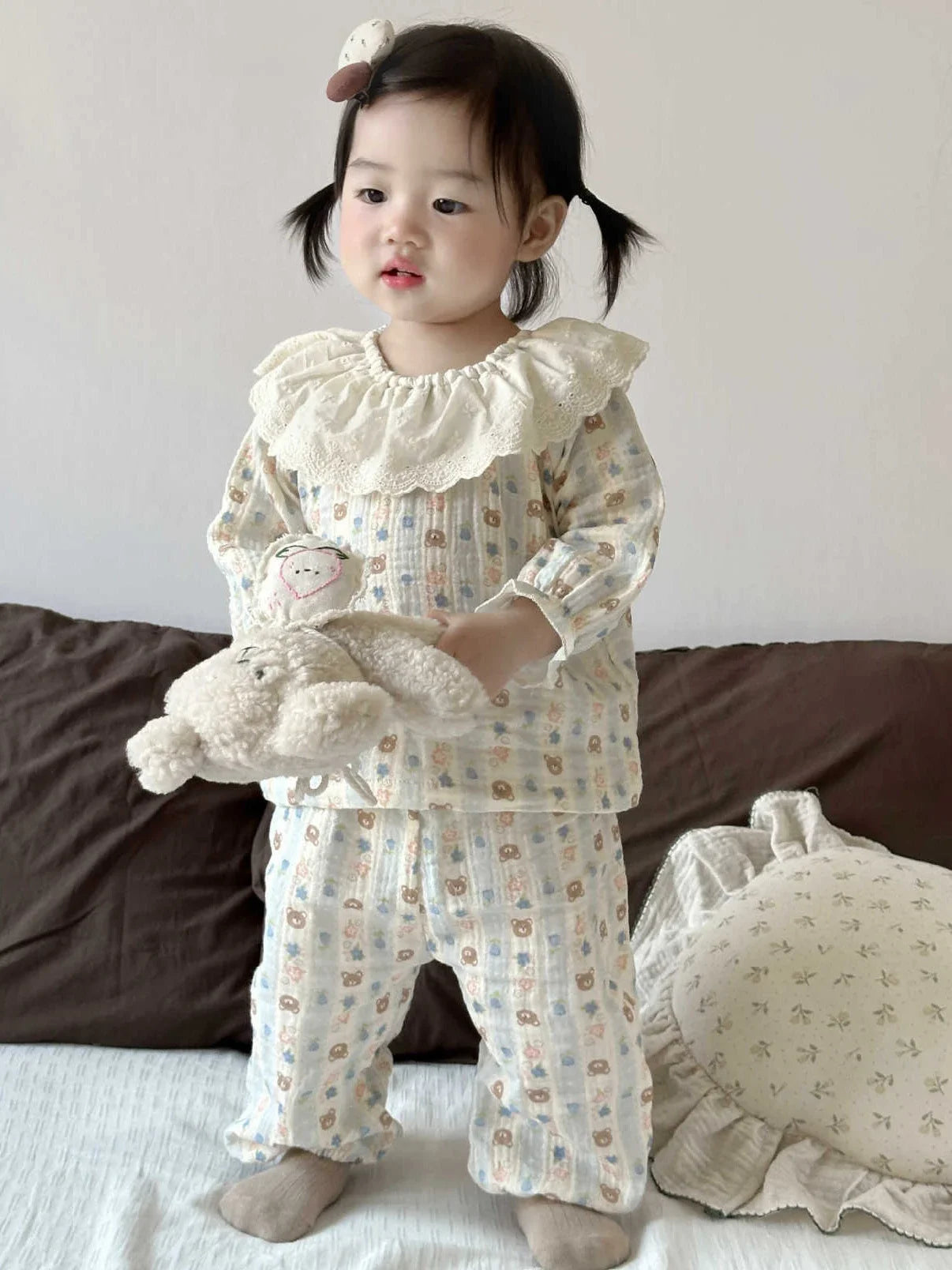 -ベビーセットアップ ハート/フラワープリントラッフル襟長袖シャツ+ロングパンツ 3カラー - mamahalo shop - 長袖セットアップ -  べビー服 - 子供服 - 男の子 - 女の子