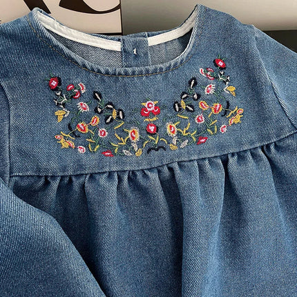 ☺︎ キッズワンピース デニム 長袖ワンピース フラワー花柄刺繍 - mamahalo shop - 長袖ワンピース -  べビー服 - 子供服 - 男の子 - 女の子