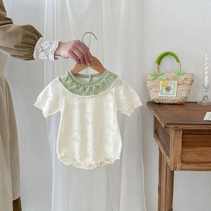 -ベビーロンパース ニット 半袖ボディスーツ フリル襟 チェリー 2カラー【mh0006550】 - mamahalo shop - 半袖ロンパース -  べビー服 - 子供服 - 男の子 - 女の子