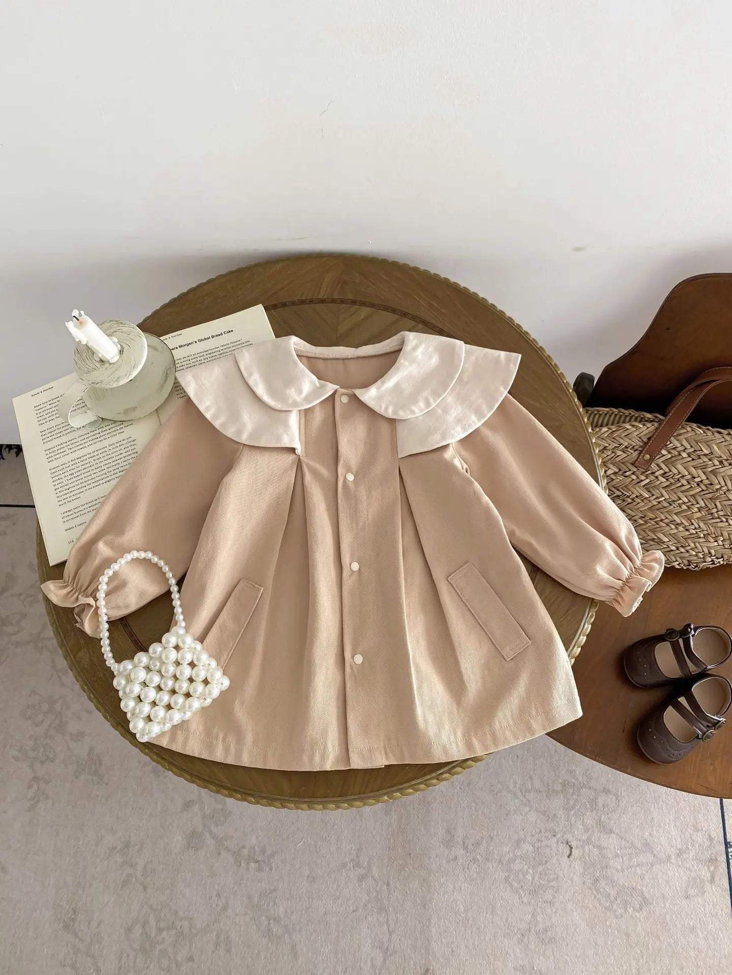 -ベビーアウター ダブル襟 ワンピースジャケット お出かけ カーキ/ブラウン/2カラー【mh0004218】 - mamahalo shop - 長袖ワンピース -  べビー服 - 子供服 - 男の子 - 女の子