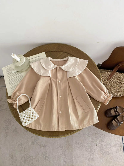 -ベビーアウター ダブル襟 ワンピースジャケット お出かけ カーキ/ブラウン/2カラー【mh0004218】 - mamahalo shop - 長袖ワンピース -  べビー服 - 子供服 - 男の子 - 女の子