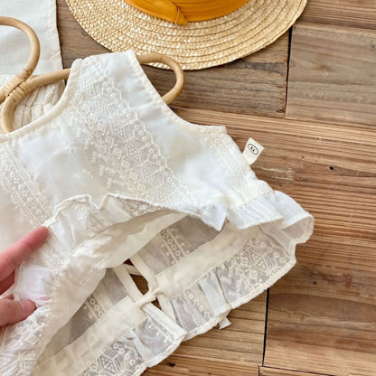 -キッズセットアップ 2点セット バックオープンノースリーブブラウス+ルーズロングパンツ レース刺繍【mh0005730】 - mamahalo shop - ノースリーブセットアップ -  べビー服 - 子供服 - 男の子 - 女の子