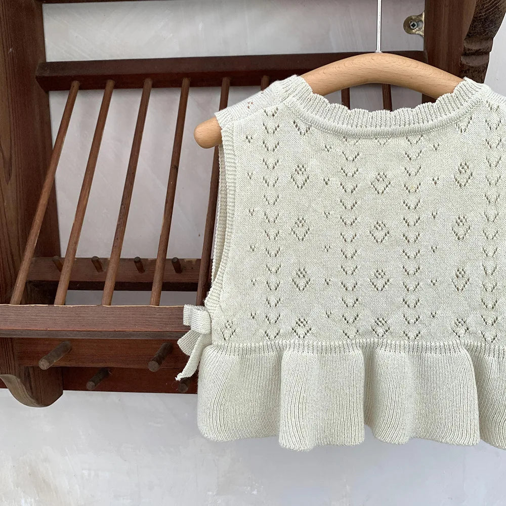 -ベビーキッズベスト レースニット ペプラム リボン ノースリーブトップス アプリコット/ピンク/2カラー【mh0004272】 - mamahalo shop - ベスト -  べビー服 - 子供服 - 男の子 - 女の子