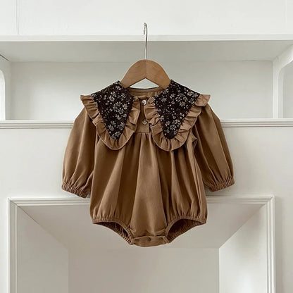 -ベビーロンパース/キッズワンピース レトロフラワービッグ襟長袖パフスリーブボディスーツ/ワンピース リンクコーデ 姉妹 お揃いコーデ - mamahalo shop - 長袖ロンパース -  べビー服 - 子供服 - 男の子 - 女の子