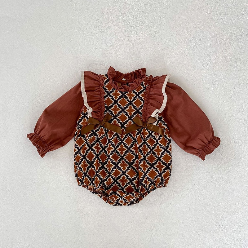 -ベビー リボン フリル スタンドカラー 長袖 ドッキング ロンパース ドレス お出かけ ガールズ【mh0002667】 - mamahalo shop - 長袖ロンパース -  べビー服 - 子供服 - 男の子 - 女の子