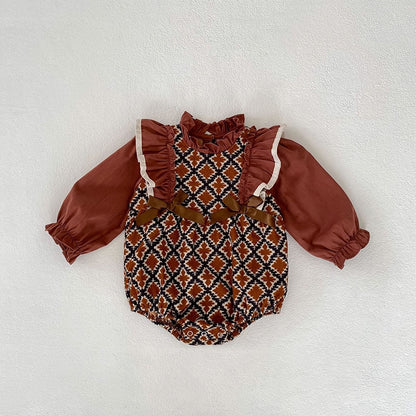 -ベビー リボン フリル スタンドカラー 長袖 ドッキング ロンパース ドレス お出かけ ガールズ【mh0002667】 - mamahalo shop - 長袖ロンパース -  べビー服 - 子供服 - 男の子 - 女の子