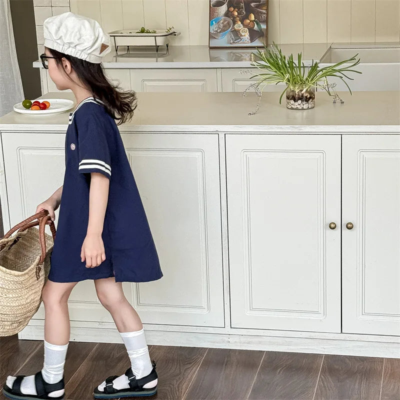 -キッズワンピース 半袖スクエアネックミニワンピース マリンスタイル 2カラー【mh0005444】 - mamahalo shop - 半袖ワンピース -  べビー服 - 子供服 - 男の子 - 女の子