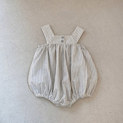 -ベビー ストライプ ノースリーブ サスペンダー ロンパース ブルー カーキ ユニセックス 5913B - mamahalo shop - ノースリーブロンパース -  べビー服 - 子供服 - 男の子 - 女の子