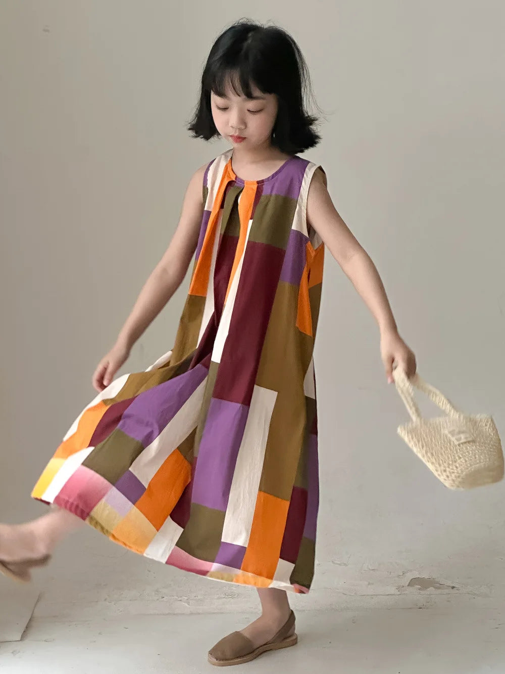 -キッズセットアップ 2点セット/ワンピース ボーイズ半袖シャツ+ショートパンツ/ガールズノースリーブワンピース 幾何学チェック リンクコーデ 兄弟姉妹 お揃いコーデ - mamahalo shop - 半袖セットアップ -  べビー服 - 子供服 - 男の子 - 女の子