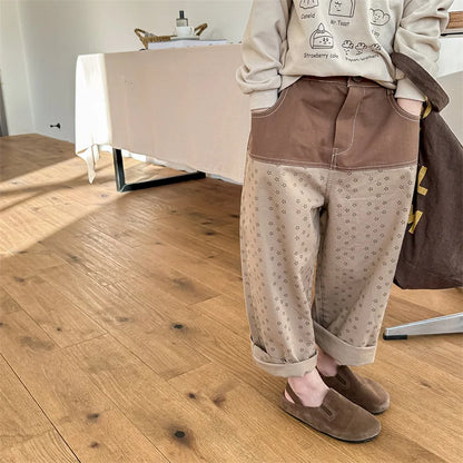 -キッズパンツ 切り替えパッチワーク ルーズワイドロングパンツ フラワー花柄プリント 2カラー - mamahalo shop - ロングパンツ・スウェットパンツ -  べビー服 - 子供服 - 男の子 - 女の子