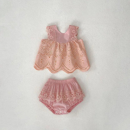 -ベビーセットアップ 2点セット レース ノースリーブブラウス+ブルマパンツ 2カラー【mh0006523】 - mamahalo shop - ノースリーブセットアップ -  べビー服 - 子供服 - 男の子 - 女の子