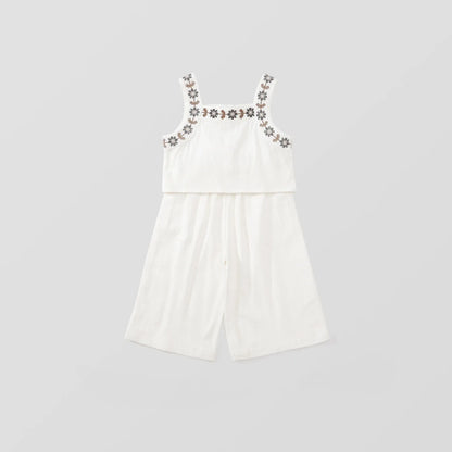 -キッズセットアップ 2点セット キャミソールトップス+ワイドルーズパンツ フラワー花柄刺繍 2カラー - mamahalo shop - ノースリーブセットアップ -  べビー服 - 子供服 - 男の子 - 女の子