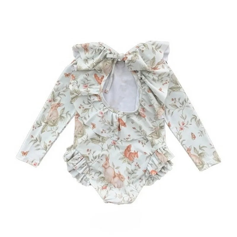 -キッズ水着 ガールズ 長袖ワンピース+帽子セット フリル ラビットうさぎプリント スイムウェア【mh0005985】 - mamahalo shop - ベビー用水着 -  べビー服 - 子供服 - 男の子 - 女の子