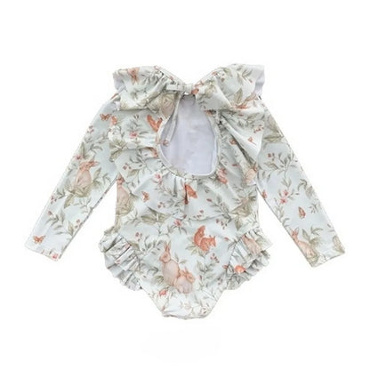 -キッズ水着 ガールズ 長袖ワンピース+帽子セット フリル ラビットうさぎプリント スイムウェア【mh0005985】 - mamahalo shop - ベビー用水着 -  べビー服 - 子供服 - 男の子 - 女の子