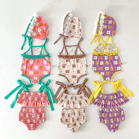 -ベビー水着 ワンピース スイムウェア フラワー花柄 帽子セット 3カラー【mh0004918】 - mamahalo shop - ベビー用水着 -  べビー服 - 子供服 - 男の子 - 女の子
