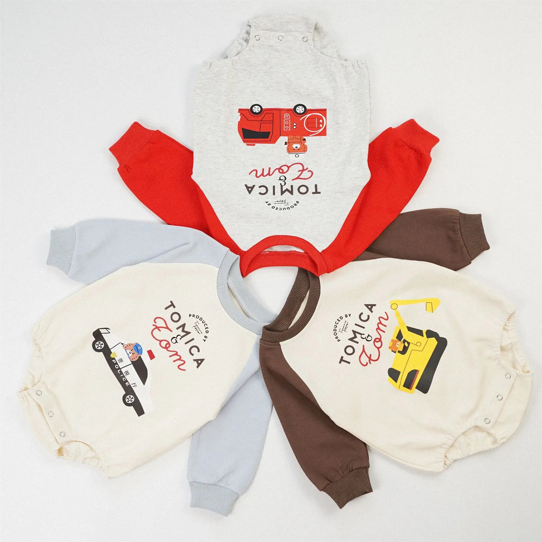 -ベビーロンパース 乗り物車プリントラグランパッチワーク長袖ボディスーツ 3カラー【mh0006963】 - mamahalo shop - 長袖ロンパース -  べビー服 - 子供服 - 男の子 - 女の子