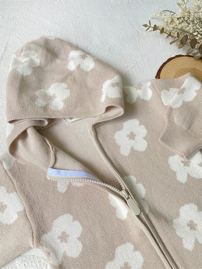 -ベビージャンプスーツ レトロフラワーニットフーディ長袖ジップアップロンパース 2カラー - mamahalo shop - 長袖ジャンプスーツ -  べビー服 - 子供服 - 男の子 - 女の子