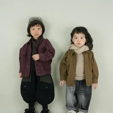 キッズトップス アーミースタイル長袖カーゴシャツジャケット - mamahalo shop - 長袖シャツ・ブラウス -  べビー服 - 子供服 - 男の子 - 女の子