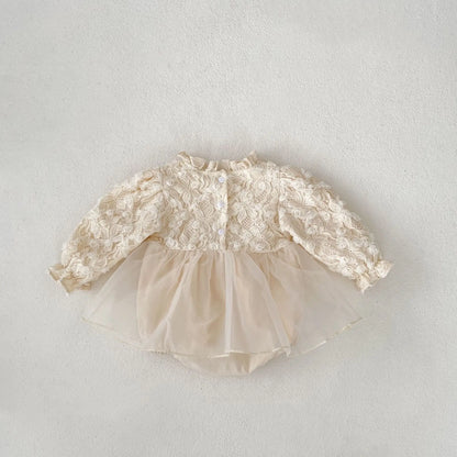 -ベビーロンパース スタンドフリルカラーチュチュスカートドッキング長袖ドレスロンパース アプリコット【mh0007114】 - mamahalo shop - 長袖ロンパース -  べビー服 - 子供服 - 男の子 - 女の子