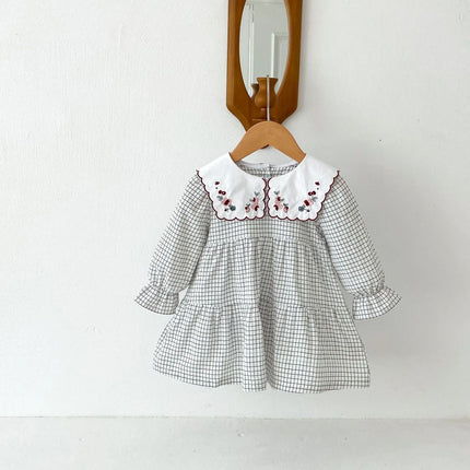 キッズワンピース フラワー刺繍ビッグ襟チェック長袖ワンピース - mamahalo shop - 長袖ワンピース -  べビー服 - 子供服 - 男の子 - 女の子