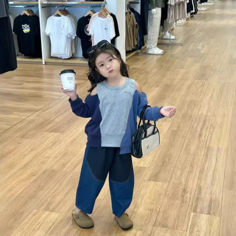 -キッズトップス/パンツ オープンショルダーパッチワークアシメ長袖スウェットシャツ/パッチワークバナナデニムパンツジーンズ【mh0007371】 - mamahalo shop - 長袖セットアップ -  べビー服 - 子供服 - 男の子 - 女の子