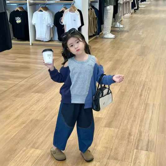 -キッズトップス/パンツ オープンショルダーパッチワークアシメ長袖スウェットシャツ/パッチワークバナナデニムパンツジーンズ【mh0007371】 - mamahalo shop - 長袖セットアップ -  べビー服 - 子供服 - 男の子 - 女の子