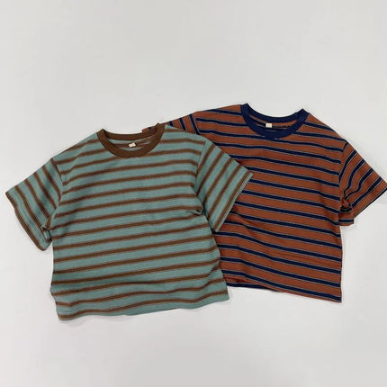 キッズトップス レトロボーダー 半袖Tシャツ 2カラー - mamahalo shop - 半袖Tシャツ - ベビー服 - 子供服 - 男の子 - 女の子