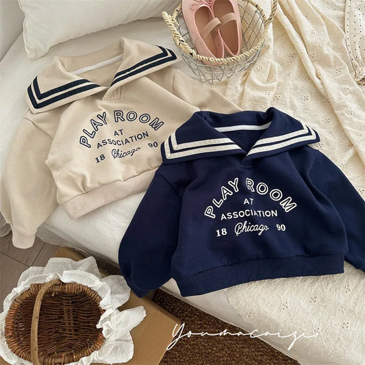 -キッズトップス セーラーカラー 長袖スウェットシャツ レターロゴプリント ベージュ/ネイビー/2カラー - mamahalo shop - 長袖Tシャツ -  べビー服 - 子供服 - 男の子 - 女の子