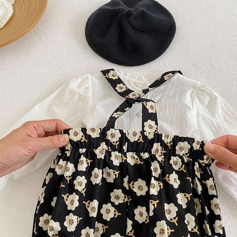 -ベビーセットアップ 2点セット 長袖フリルブラウス+ショートオーバーオール サロペットバルーンパンツ - mamahalo shop - 長袖セットアップ -  べビー服 - 子供服 - 男の子 - 女の子