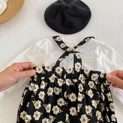 -ベビーセットアップ 2点セット 長袖フリルブラウス+ショートオーバーオール サロペットバルーンパンツ - mamahalo shop - 長袖セットアップ -  べビー服 - 子供服 - 男の子 - 女の子