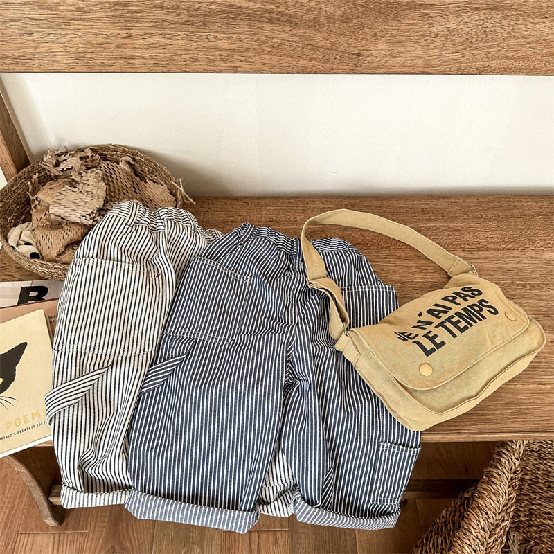 -キッズ ストライプ レターロゴ プリント ルーズ ヒッコリー パンツ ボーイズ - mamahalo shop - ロングパンツ・スウェットパンツ -  べビー服 - 子供服 - 男の子 - 女の子