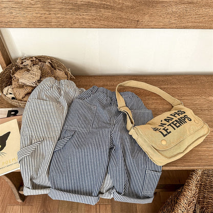 -キッズ ストライプ レターロゴ プリント ルーズ ヒッコリー パンツ ボーイズ - mamahalo shop - ロングパンツ・スウェットパンツ -  べビー服 - 子供服 - 男の子 - 女の子