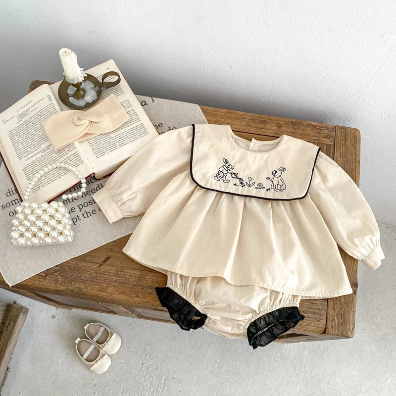 -ベビーキッズセットアップ 2点セット うさぎ刺繍襟長袖チュニックブラウス+ブルマパンツ カーキ【mh0006995】 - mamahalo shop - 長袖セットアップ -  べビー服 - 子供服 - 男の子 - 女の子