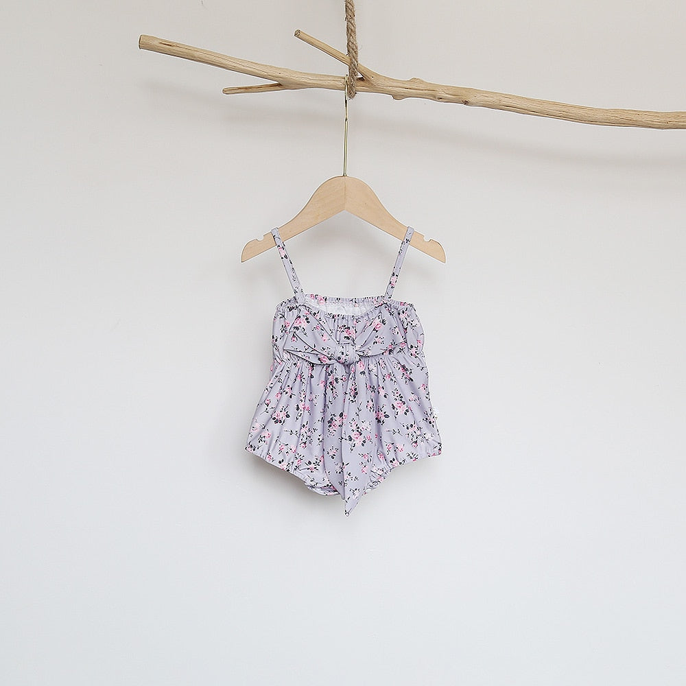-ベビー 水着 フラワー 花柄 キャミソール リボン ワンピース スイムウェア パープル グレー ガールズ【mh0002046】 - mamahalo shop - ベビー用水着 -  べビー服 - 子供服 - 男の子 - 女の子