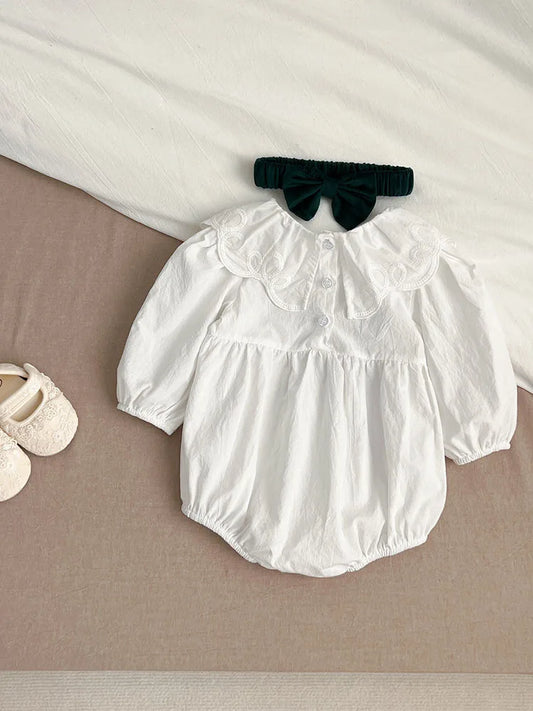 -ベビーロンパース ヘアバンドセット 長袖サークル襟ボディスーツ+リボンヘアバンド ホワイト【mh0004697】 - mamahalo shop - 長袖ロンパース -  べビー服 - 子供服 - 男の子 - 女の子