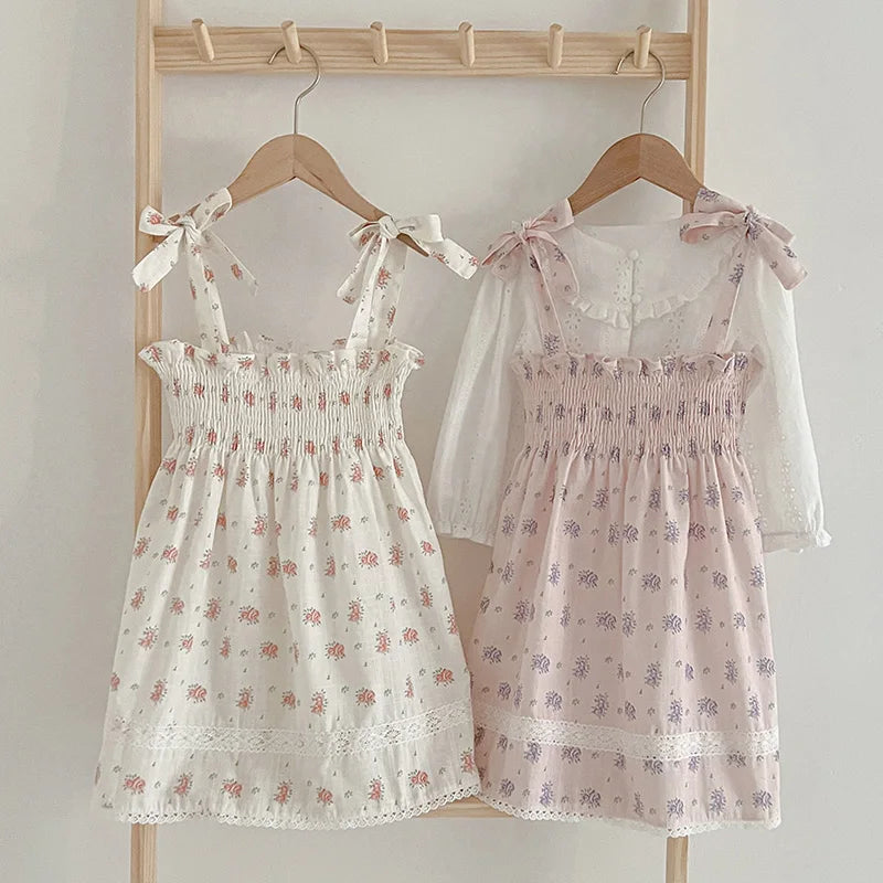 -キッズワンピース キャミソール シャーリング サマードレス フラワー花柄プリント 2カラー【mh0006050】 - mamahalo shop - ノースリーブワンピース -  べビー服 - 子供服 - 男の子 - 女の子