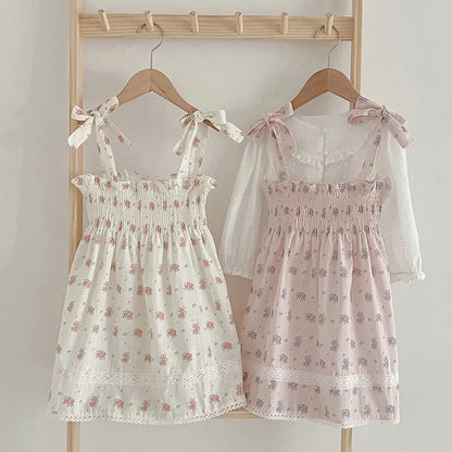 -キッズワンピース キャミソール シャーリング サマードレス フラワー花柄プリント 2カラー【mh0006050】 - mamahalo shop - ノースリーブワンピース -  べビー服 - 子供服 - 男の子 - 女の子