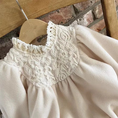 -ベビー長袖ロンパース フリースボディスーツ 長袖パフスリーブ レース フリル【mh0003423】 - mamahalo shop - 長袖ロンパース -  べビー服 - 子供服 - 男の子 - 女の子