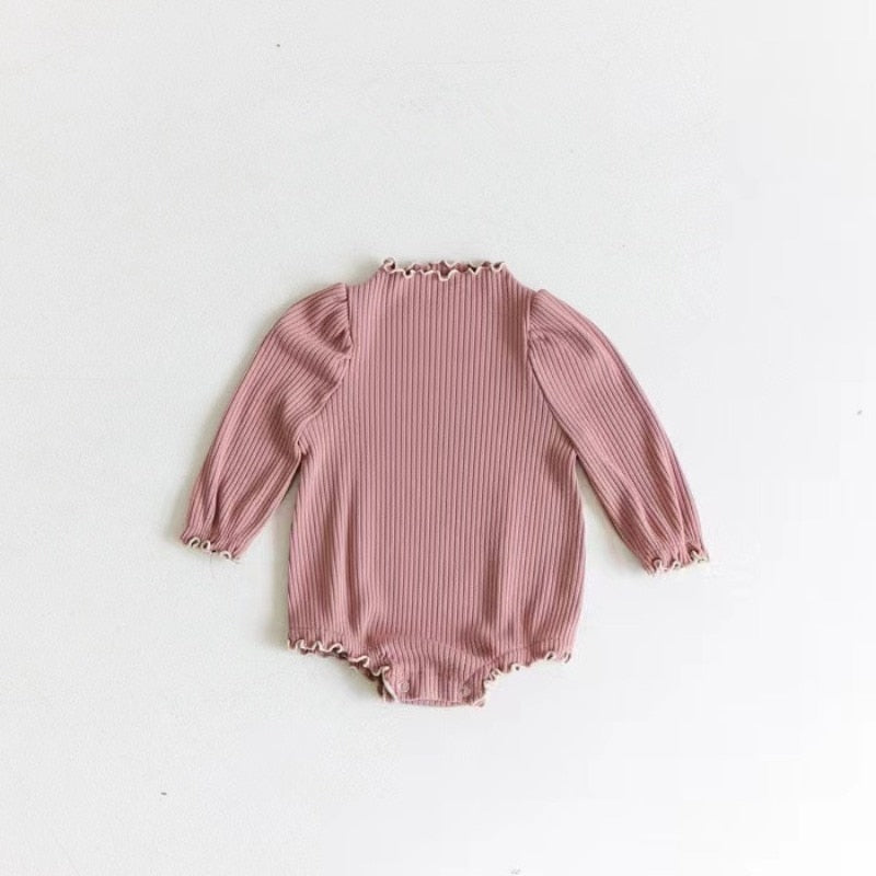 -ベビー 長袖ロンパース リブ フリル スタンドカラー シンプル ベーシック ピンク ベージュ 2カラー ガールズ 女の子 子供服 7819 - mamahalo shop - 長袖ロンパース -  べビー服 - 子供服 - 男の子 - 女の子