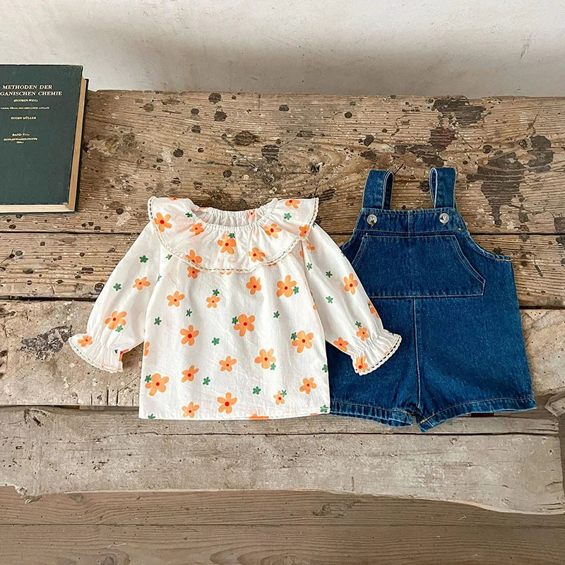 -ベビーサロペット 長袖Tシャツ デニムサスペンダーパンツ オーバーオール フリル長袖ブラウス - mamahalo shop - サロペットパンツ・サスペンダーパンツ -  べビー服 - 子供服 - 男の子 - 女の子