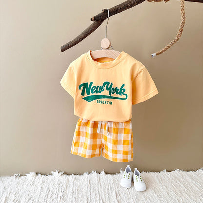 -ベビーセットアップ 2点セット 半袖プリントTシャツ+チェックショートパンツ 3カラー【mh0005631】 - mamahalo shop - 半袖セットアップ -  べビー服 - 子供服 - 男の子 - 女の子