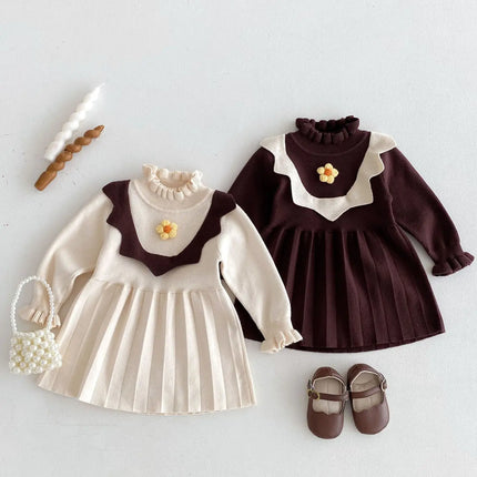 ベビーキッズワンピース ニットフラワー長袖ワンピース 2カラー - mamahalo shop - 長袖ワンピース -  べビー服 - 子供服 - 男の子 - 女の子