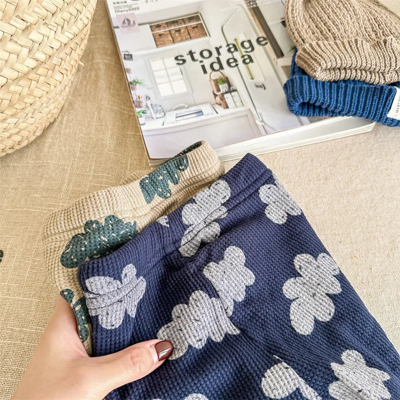 -キッズレギンスパンツ 雲 クラウドプリント 総柄 裏フリースレギパン カーキ ブルー 2カラー ユニセックス 男の子 女の子 子供服 - mamahalo shop - レギンスパンツ -  べビー服 - 子供服 - 男の子 - 女の子