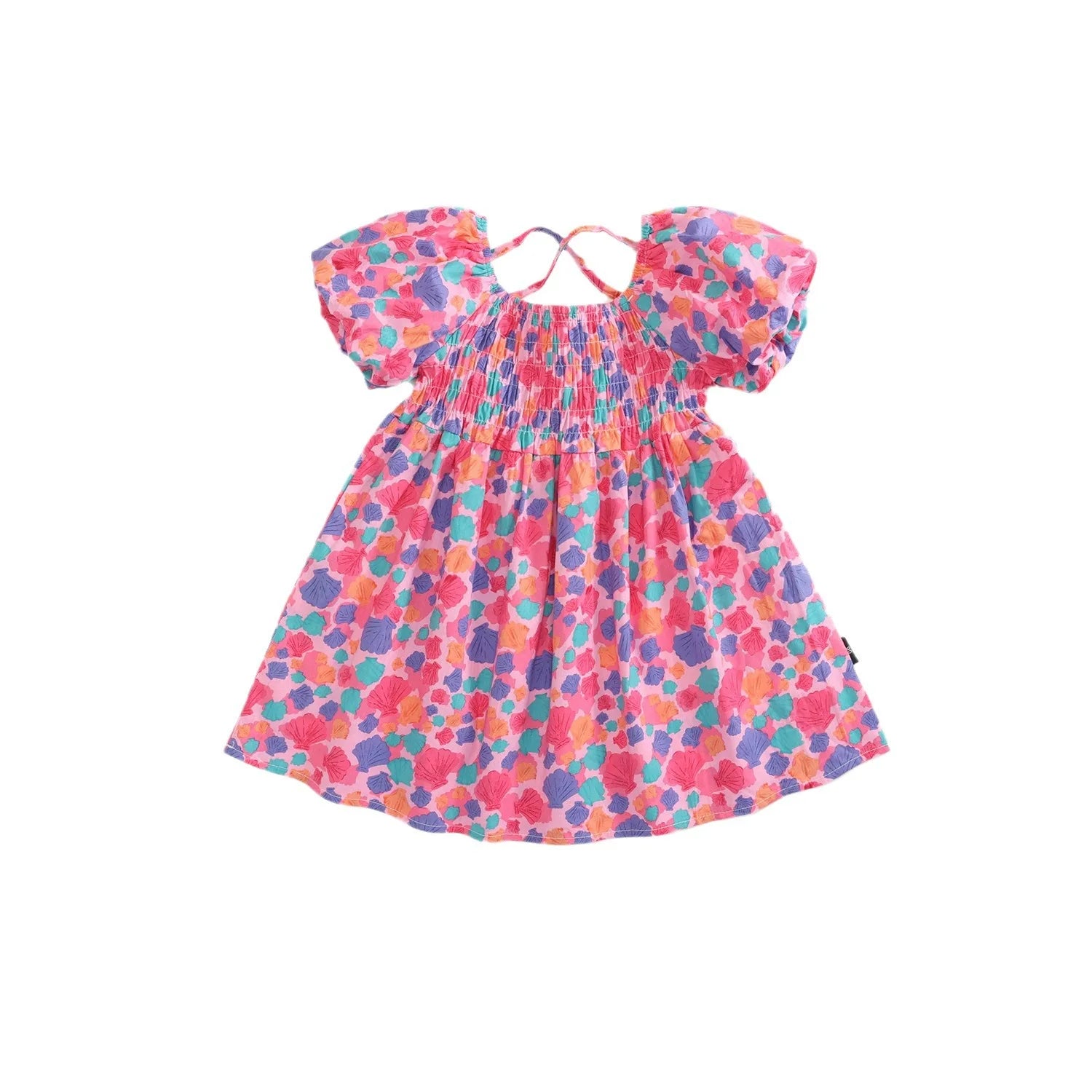 -キッズワンピース 半袖パフスリーブバッククロスワンピース カラフルシェル貝殻プリント【mh0005612】 - mamahalo shop - 半袖ワンピース -  べビー服 - 子供服 - 男の子 - 女の子