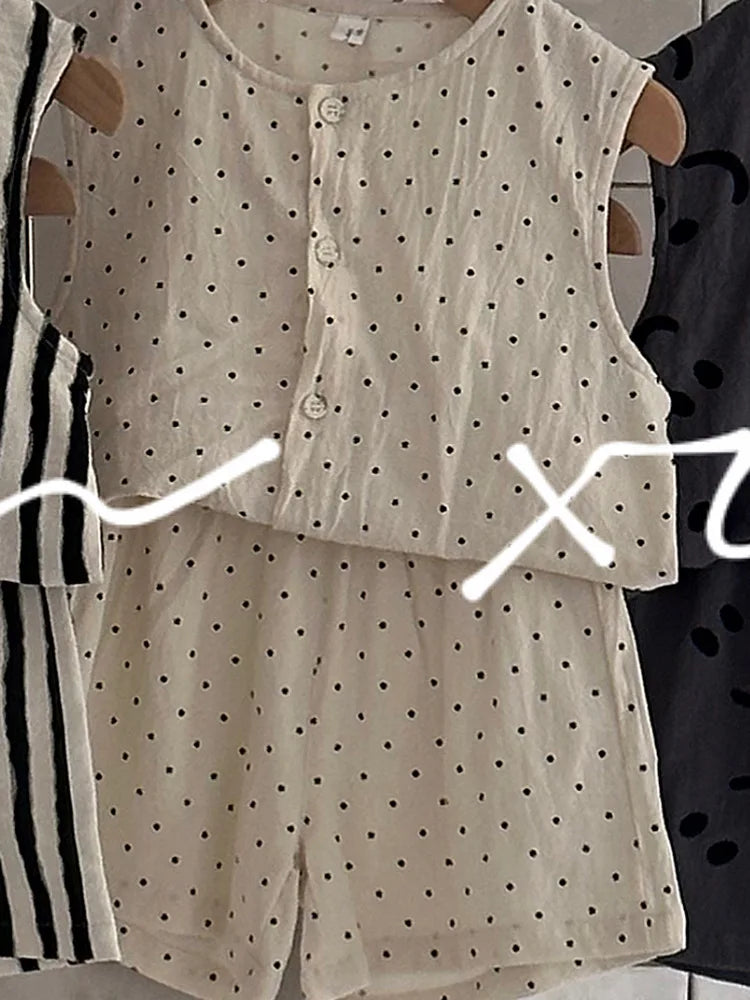 -キッズセットアップ 2点セット コットンリネン プリントノースリーブトップス+ショートパンツ 5柄 - mamahalo shop - ノースリーブセットアップ -  べビー服 - 子供服 - 男の子 - 女の子