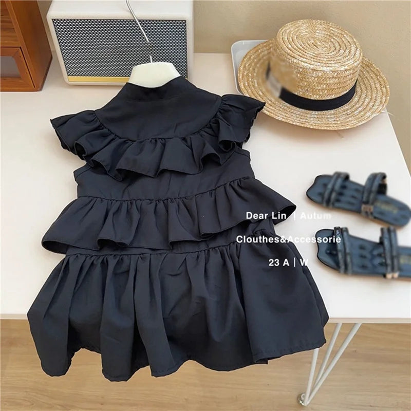 -キッズワンピース ティアードフリル ノースリーブワンピース ブラック【mh0005998】 - mamahalo shop - ノースリーブワンピース -  べビー服 - 子供服 - 男の子 - 女の子