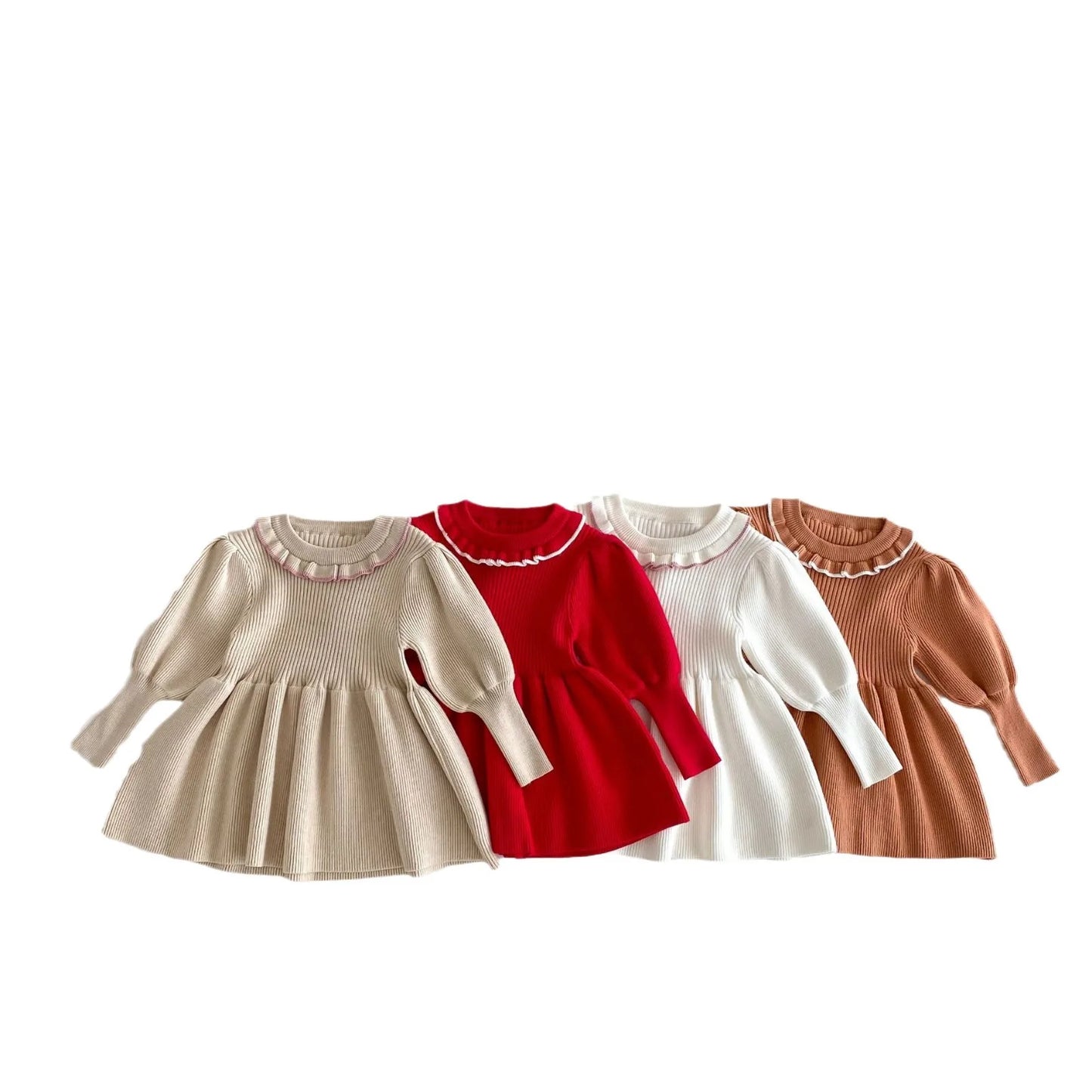 -キッズワンピース ニット 長袖パフスリーブワンピース 4カラー【mh0006628】 - mamahalo shop - 長袖ワンピース -  べビー服 - 子供服 - 男の子 - 女の子