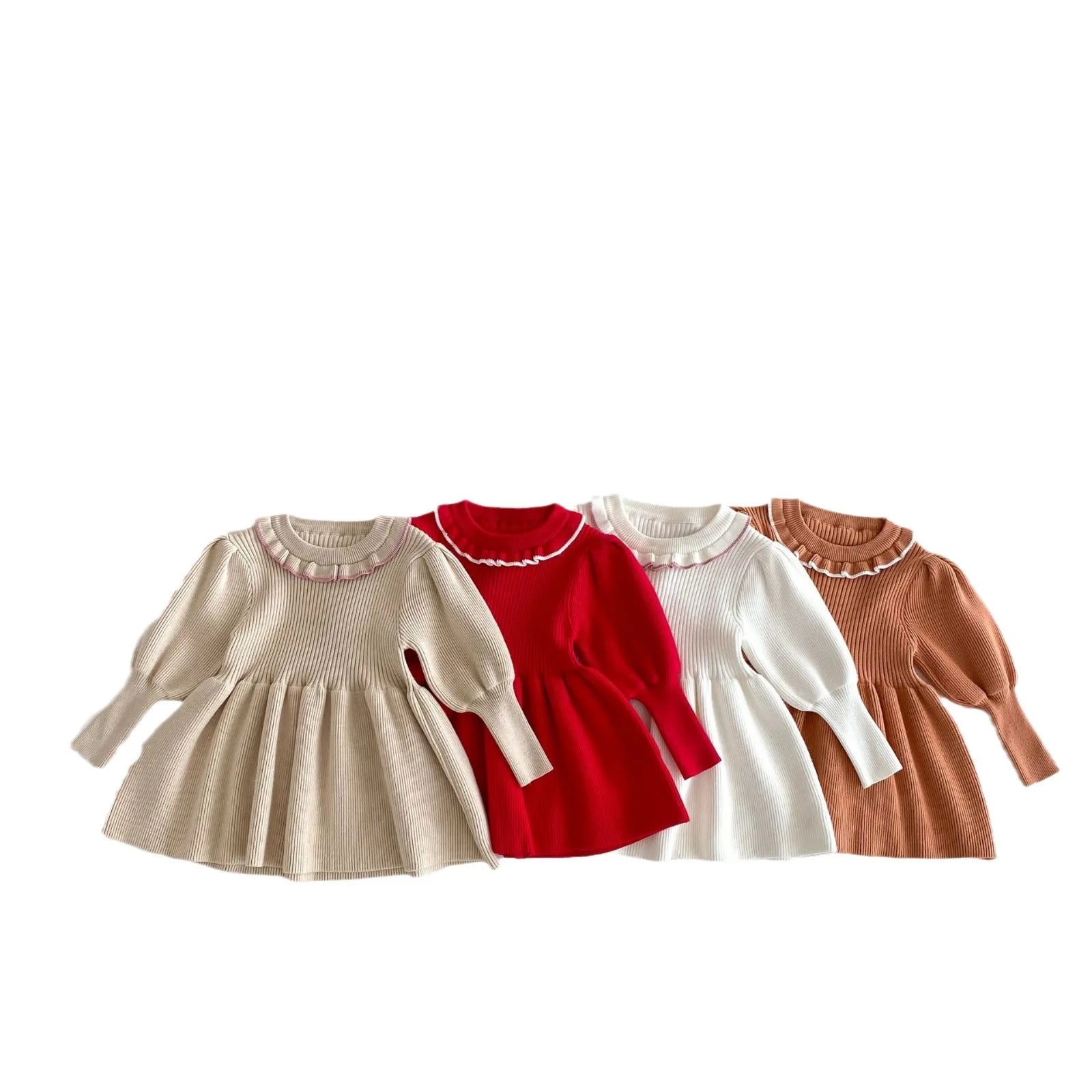 -キッズワンピース ニット 長袖パフスリーブワンピース 4カラー【mh0006628】 - mamahalo shop - 長袖ワンピース -  べビー服 - 子供服 - 男の子 - 女の子